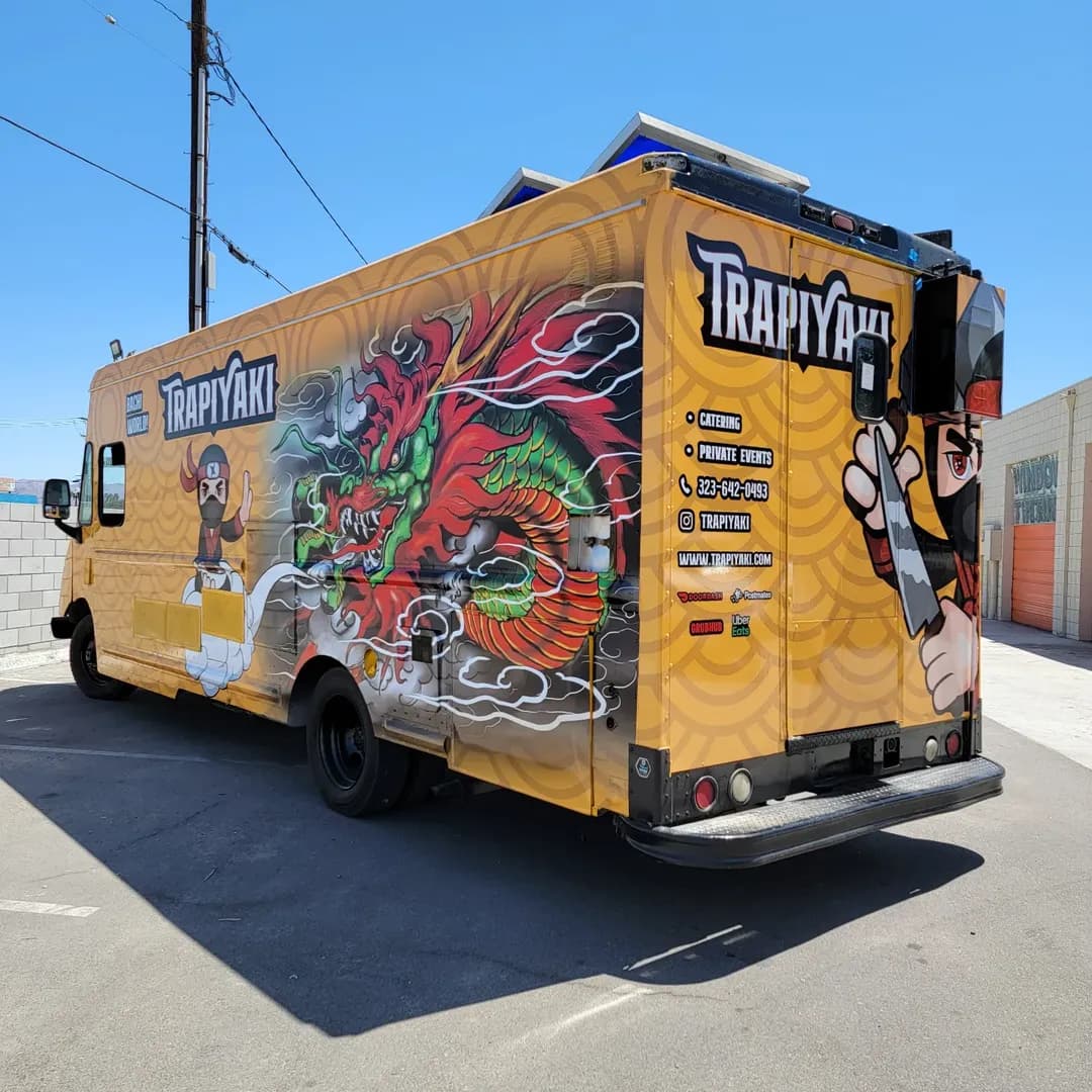 Trapiyaki Japanese fusion food truck with red dragon illustration