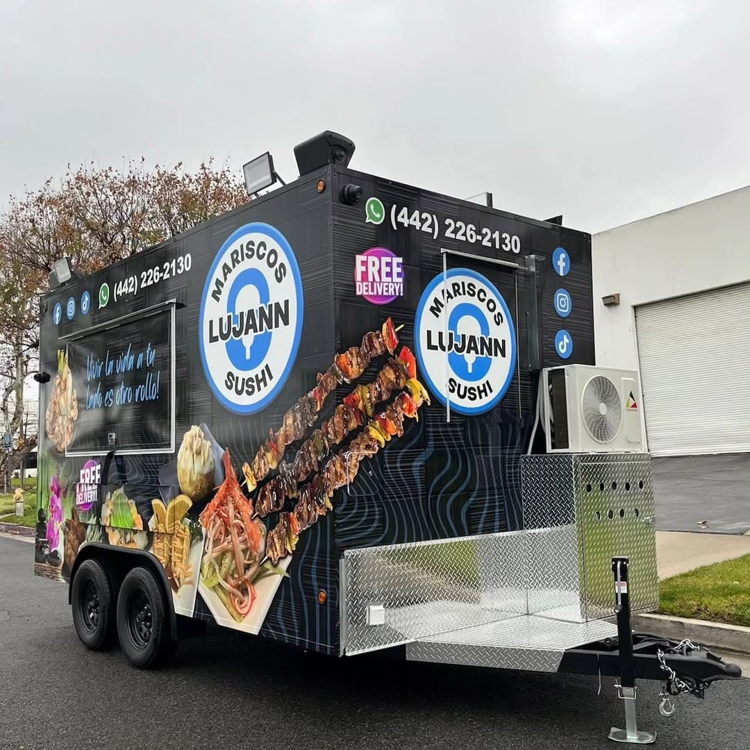 Mariscos Lujann seafood and sushi black food trailer wrap