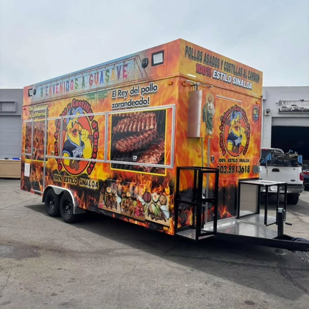 Pollos Asados y Costillas Sinaloa-style food trailer with fire graphics