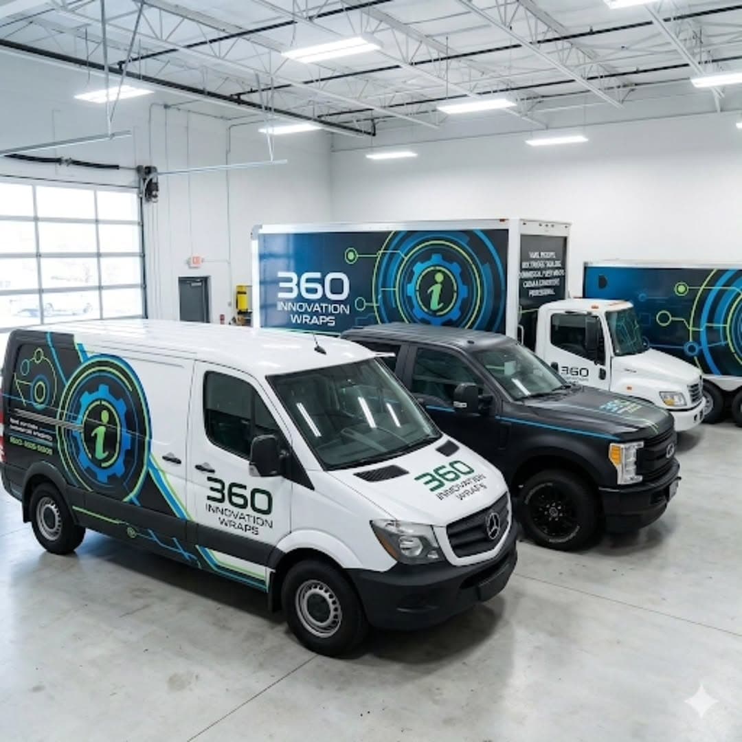 360 Innovation Wraps branded fleet — Mercedes Sprinter, Ford F-150 and box truck