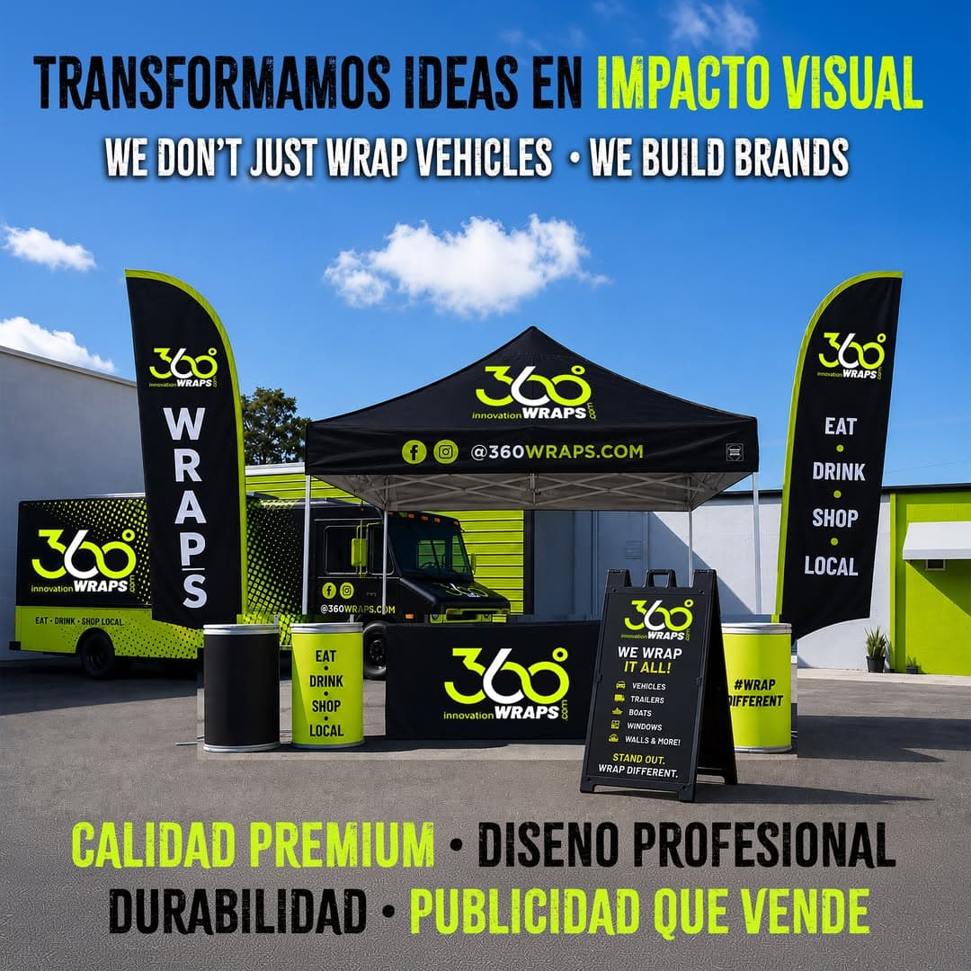 360 Innovation Wraps branded event setup — tent, feather flags, food truck and signage all on one brand system